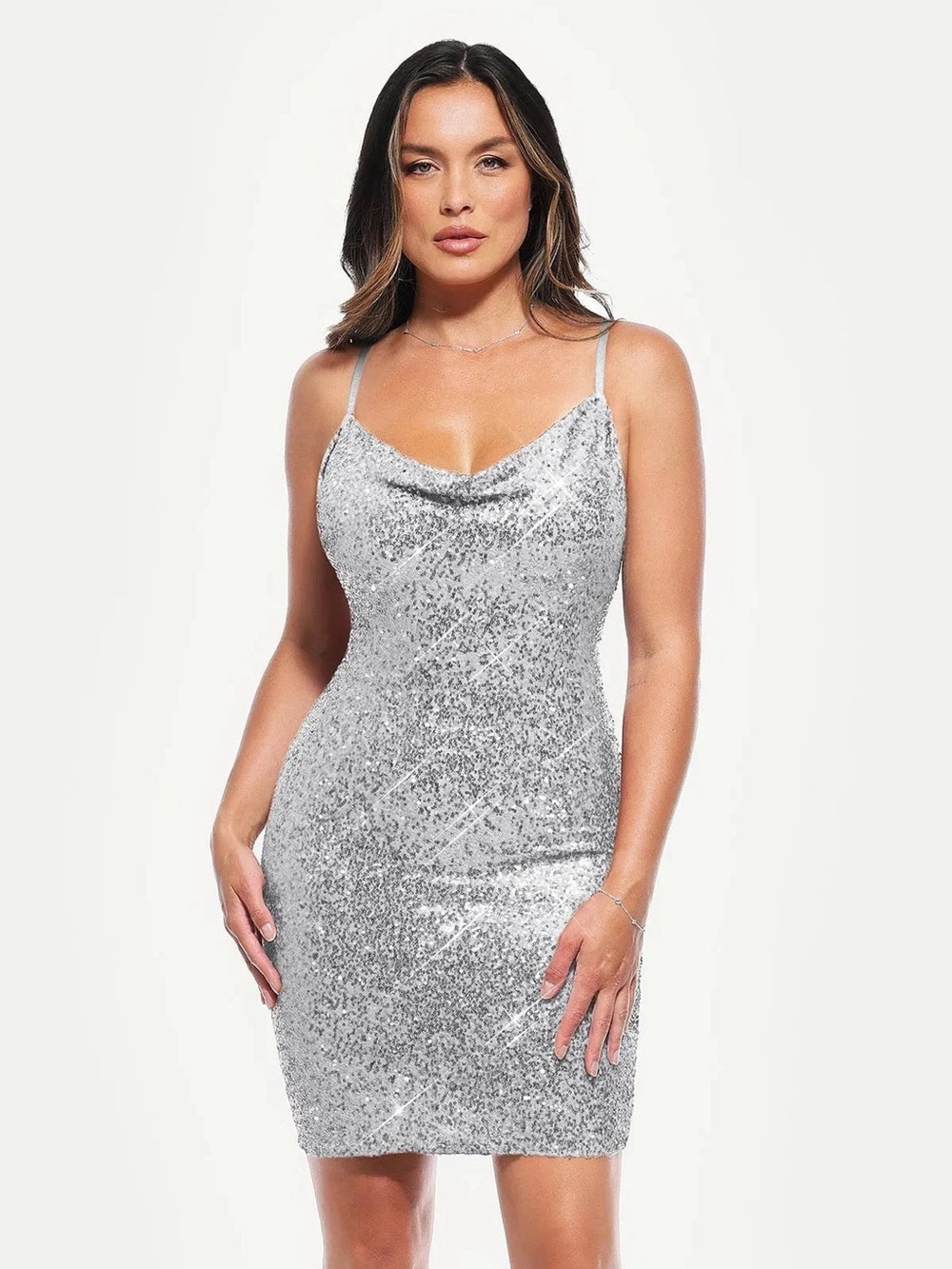 Popilush Sequin Cowl Neck Sculpting Mini Dress